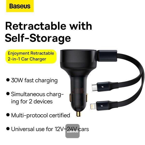 Baseus Enjoyment Retractable 2-in-1 Car Charger C+L 30W – Black