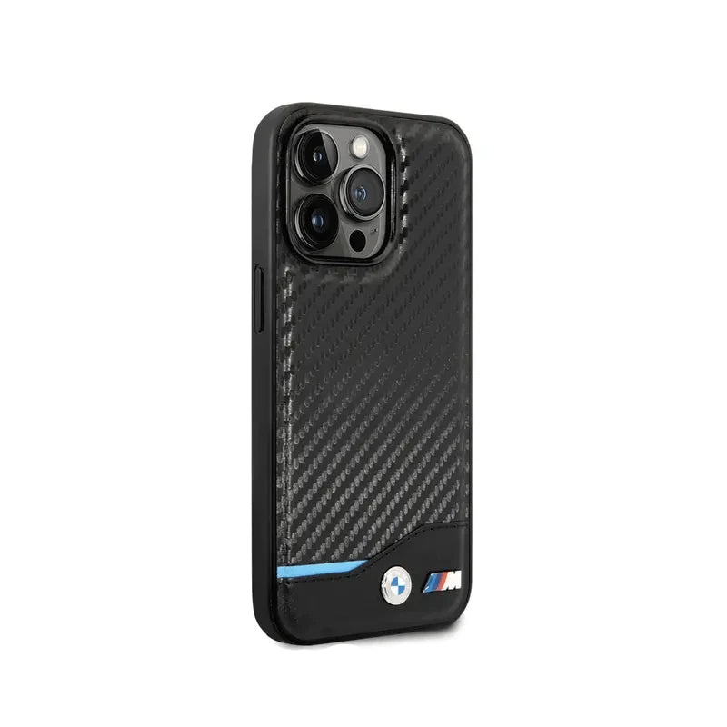 BMW iPhone 14 Pro M Collection PU Carbon Case with Bottom Horizontal Blue Line - Black