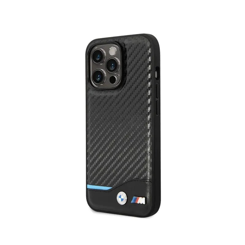 BMW iPhone 14 Pro M Collection PU Carbon Case with Bottom Horizontal Blue Line - Black