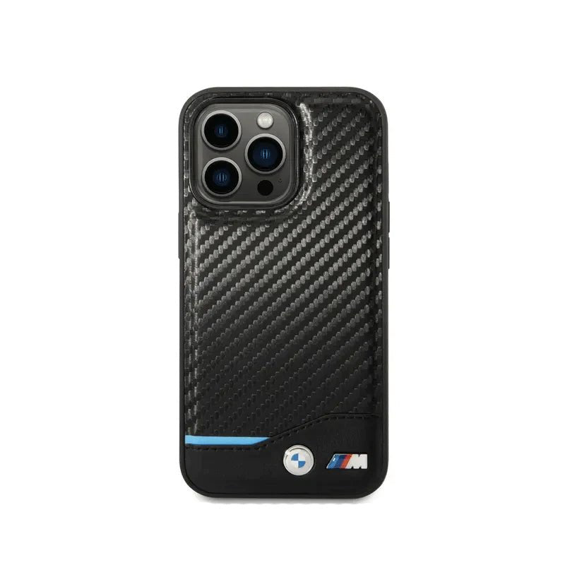 BMW iPhone 14 Pro M Collection PU Carbon Case with Bottom Horizontal Blue Line - Black