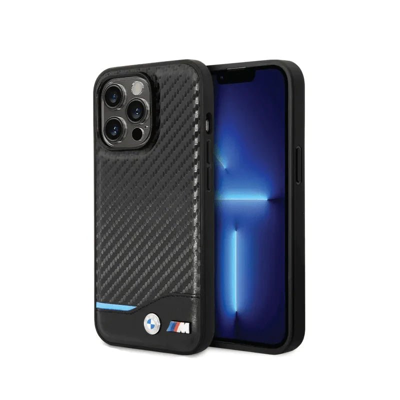 BMW iPhone 14 Pro Max M Collection PU Carbon Case with Bottom Horizontal Blue Line - Black