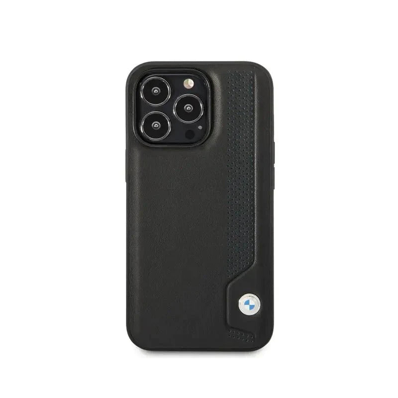 BMW iPhone 14 Pro Max Signature Collection Genuine Leather Case Hot Stamp Line And Blue Dots - Black