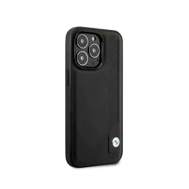 BMW iPhone 14 Pro Signature Collection Genuine Leather Case Hot Stamp Line And Blue Dots - Black