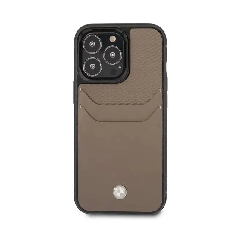 BMW iPhone 14 Pro Signature Collection Genuine Leather Case with Cardslot Embossed Pattern - Taupe