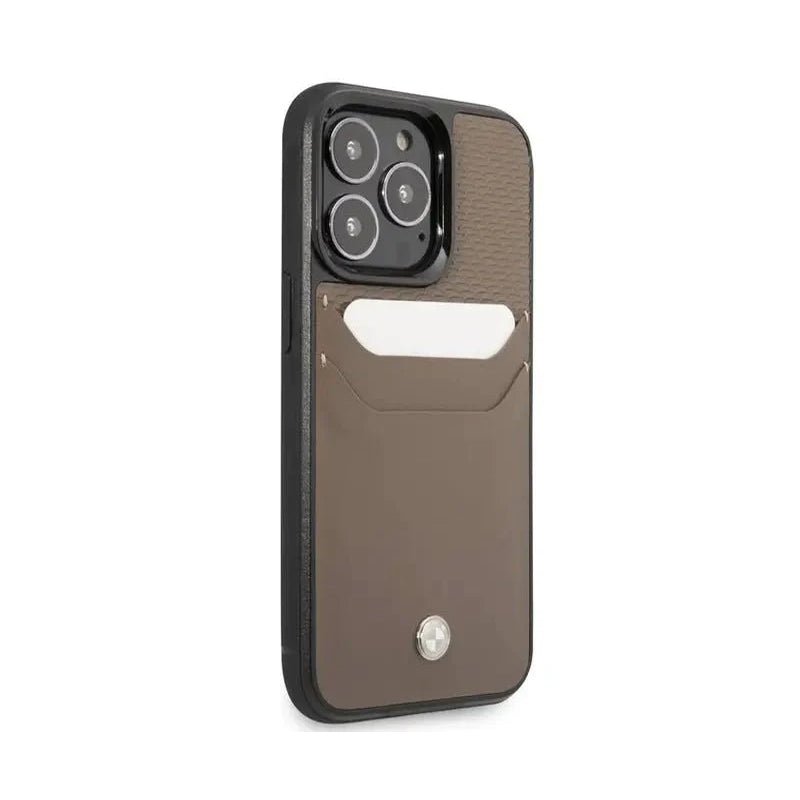 BMW iPhone 14 Pro Signature Collection Genuine Leather Case with Cardslot Embossed Pattern - Taupe