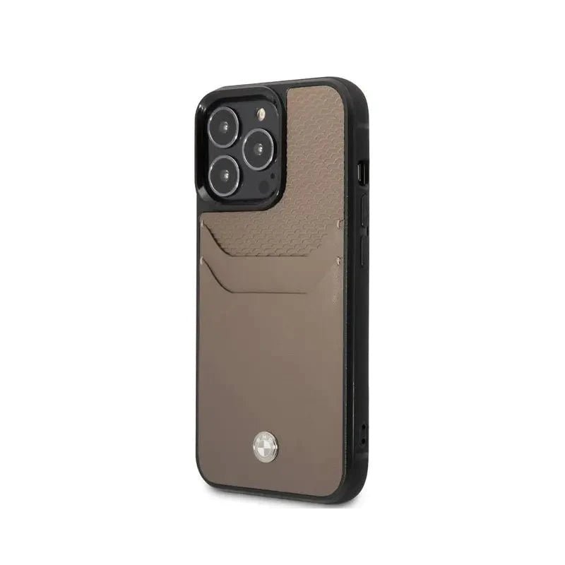 BMW iPhone 14 Pro Signature Collection Genuine Leather Case with Cardslot Embossed Pattern - Taupe