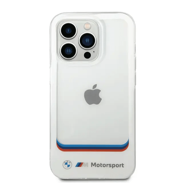 BMW iPhone 14 Pro Max Motorsport Collection PC/TPU IML Case Big Square Transparent and Printed Bottom Logo - White