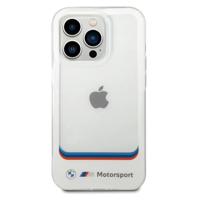 BMW iPhone 14 Pro Max Motorsport Collection PC/TPU IML Case Big Square Transparent and Printed Bottom Logo - White