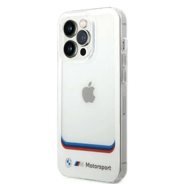 BMW iPhone 14 Pro Max Motorsport Collection PC/TPU IML Case Big Square Transparent and Printed Bottom Logo - White