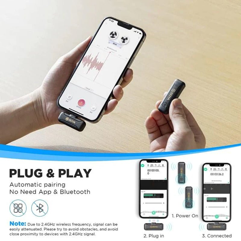 BOYA Smallest 2.4Ghz Wireless Microphone with Lightning connector for iOS device( 2TX+1RX) - Black