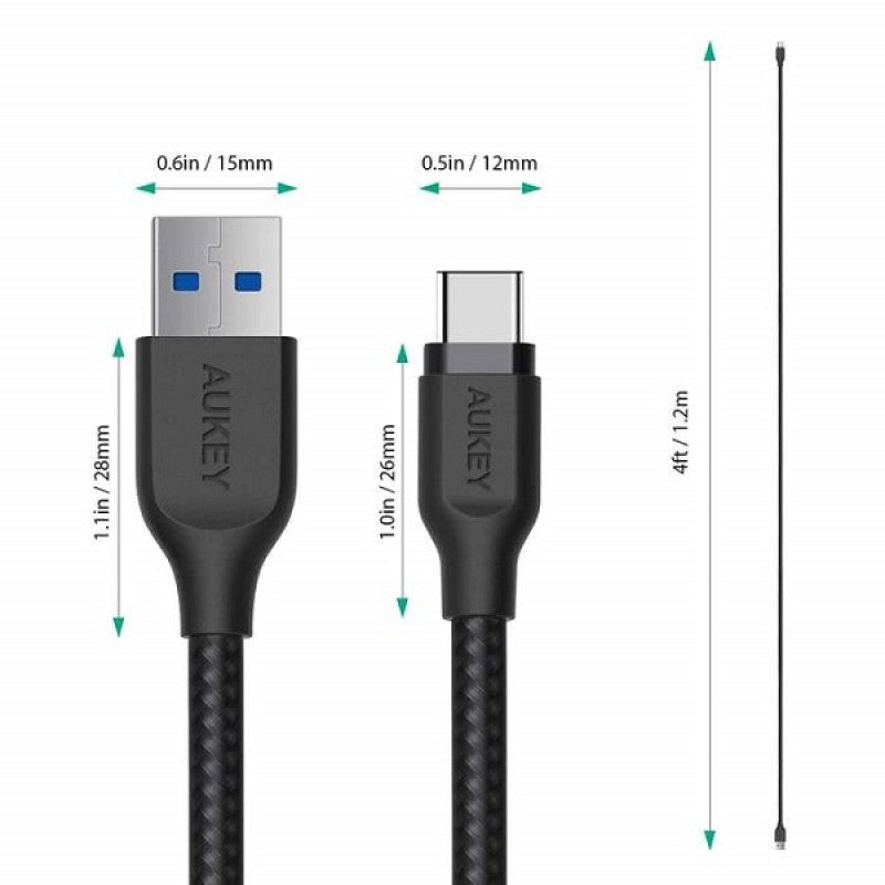 Aukey Braided Nylon Cable - 1.2m / USB 3.1 Gen 1 to USB-C / Black