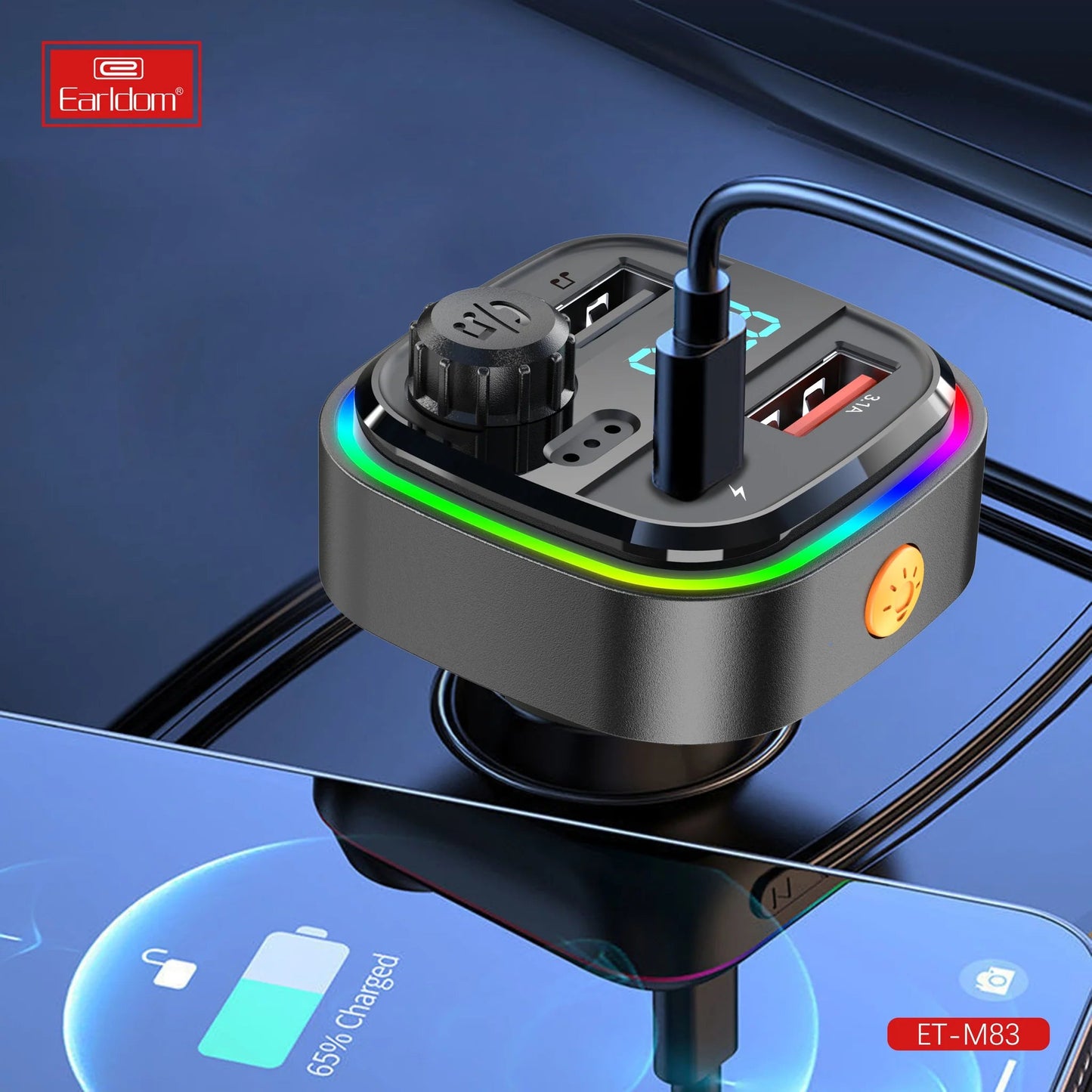 إيرلدوم FM جهاز الإرسال بلوتوث مع شاحن سيارة سريع LED مع مشغل موسيقى - أسود