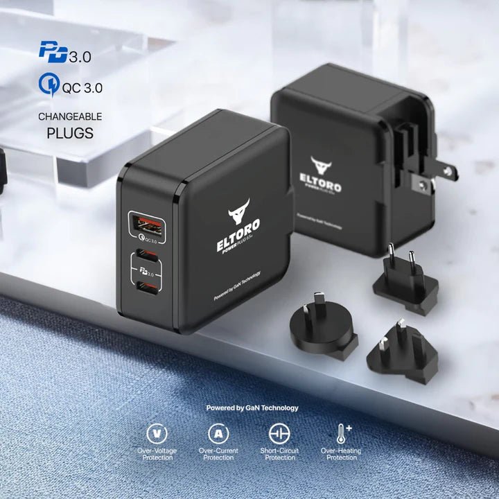 Eltoro Power Plug Home Charger with Travel Plug - 65W / GaN Tech / PD3.0 & QC3.0 / Black