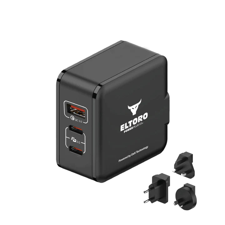 Eltoro Power Plug Home Charger with Travel Plug - 65W / GaN Tech / PD3.0 & QC3.0 / Black