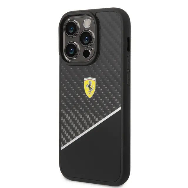 Ferrari iPhone 14 Pro Bimaterial Carbon Case & Polycarbonate & Silver Stripe - Black