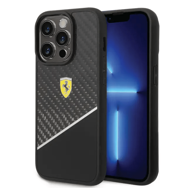 Ferrari iPhone 14 Pro Bimaterial Carbon Case & Polycarbonate & Silver Stripe - Black