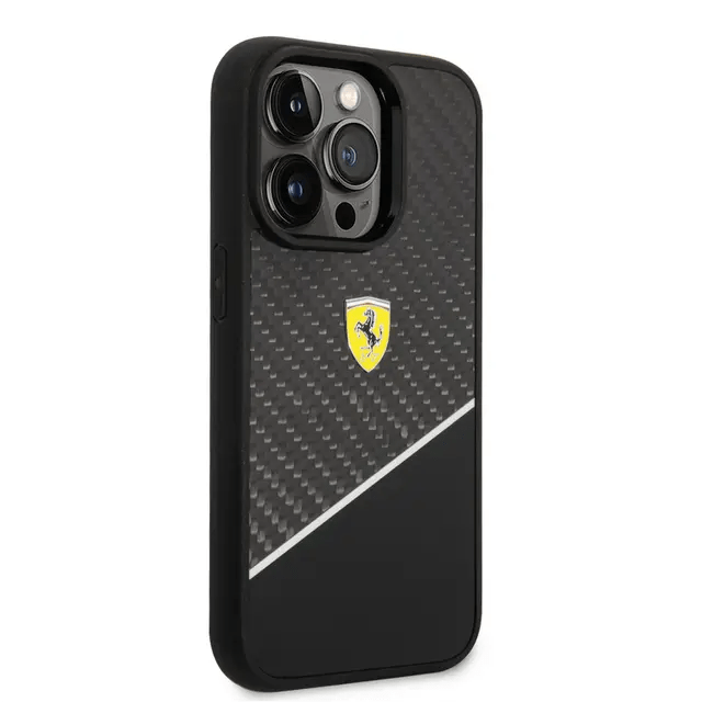 Ferrari iPhone 14 Pro Bimaterial Carbon Case & Polycarbonate & Silver Stripe - Black