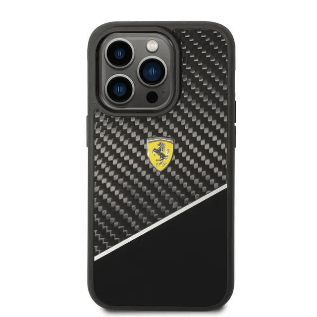 Ferrari iPhone 14 Pro Bimaterial Carbon Case & Polycarbonate & Silver Stripe - Black