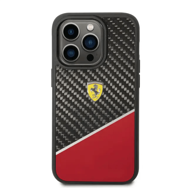 Ferrari iPhone 14 Pro Max Bimaterial Carbon Case & Polycarbonate & Silver Stripe - Red