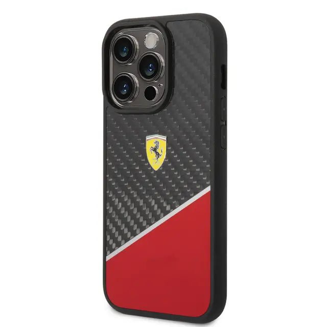 Ferrari iPhone 14 Pro Max Bimaterial Carbon Case & Polycarbonate & Silver Stripe - Red