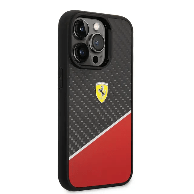 Ferrari iPhone 14 Pro Max Bimaterial Carbon Case & Polycarbonate & Silver Stripe - Red