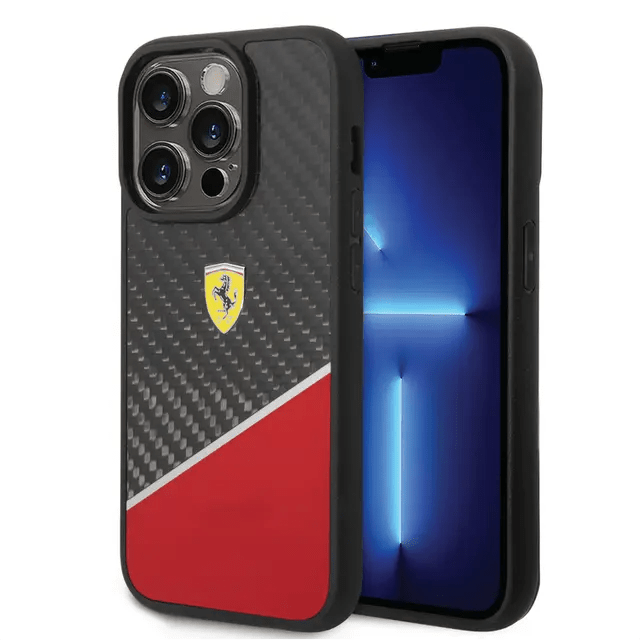 Ferrari iPhone 14 Pro Max Bimaterial Carbon Case & Polycarbonate & Silver Stripe - Red