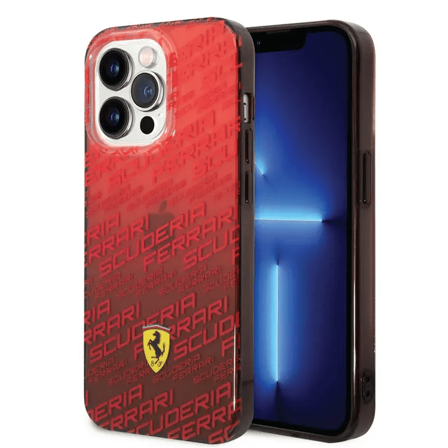 Ferrari iPhone 14 Pro Max Gradient PC/TPU Case with Allover Scuderia & Dyed Bumper - Red