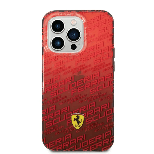 Ferrari iPhone 14 Pro Gradient PC/TPU Case with Allover Scuderia & Dyed Bumper - Red