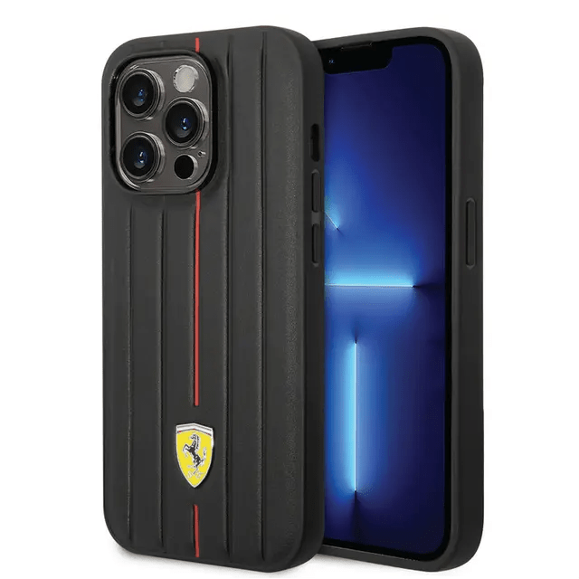 Ferrari iPhone 14 Pro Max Leather Case With Embossed Stripes & Yellow Shield Logo - Black