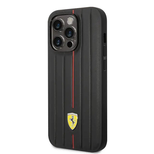 Ferrari iPhone 14 Pro Max Leather Case With Embossed Stripes & Yellow Shield Logo - Black