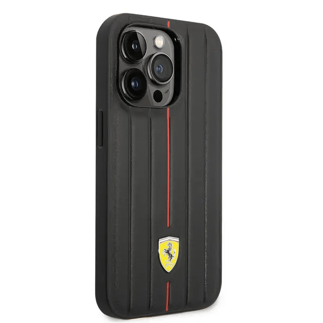 Ferrari iPhone 14 Pro Max Leather Case With Embossed Stripes & Yellow Shield Logo - Black