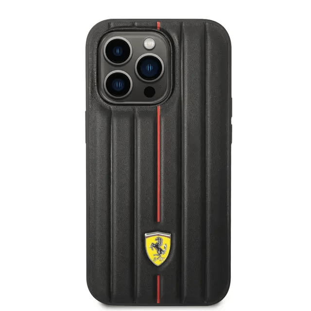 Ferrari iPhone 14 Pro Max Leather Case With Embossed Stripes & Yellow Shield Logo - Black