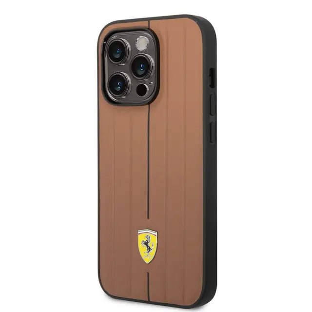 Ferrari iPhone 14 Pro Leather Case With Embossed Stripes & Yellow Shield Logo - Camel