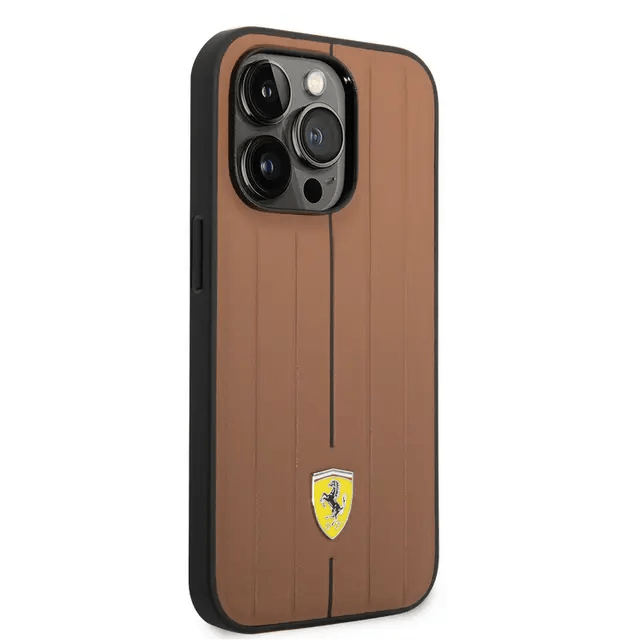 Ferrari iPhone 14 Pro Leather Case With Embossed Stripes & Yellow Shield Logo - Camel