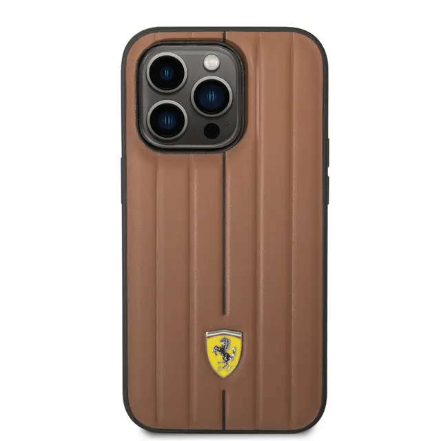 Ferrari iPhone 14 Pro Leather Case With Embossed Stripes & Yellow Shield Logo - Camel