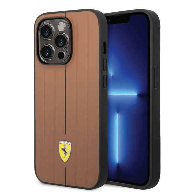 Ferrari iPhone 14 Pro Leather Case With Embossed Stripes & Yellow Shield Logo - Camel