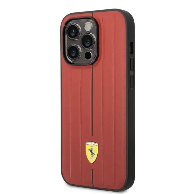 Ferrari iPhone 14 Pro Leather Case With Embossed Stripes & Yellow Shield Logo - Red