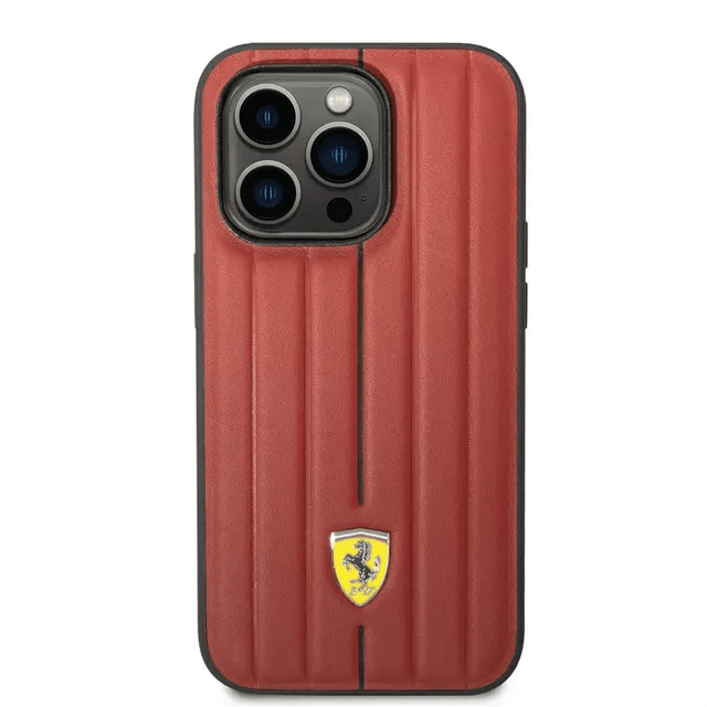 Ferrari iPhone 14 Pro Max Leather Case With Embossed Stripes & Yellow Shield Logo - Red