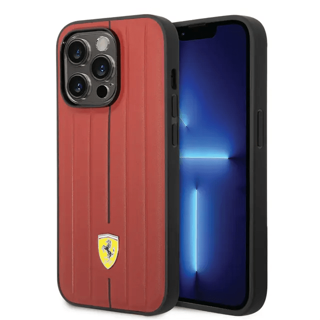 Ferrari iPhone 14 Pro Max Leather Case With Embossed Stripes & Yellow Shield Logo - Red