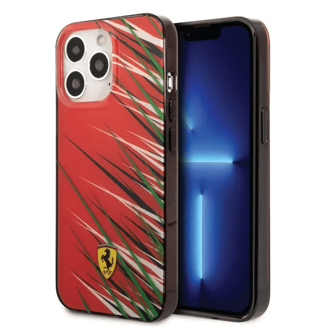 Ferrari iPhone 14 Pro Max PC/TPU Case with Double Layer Grass Print - Red