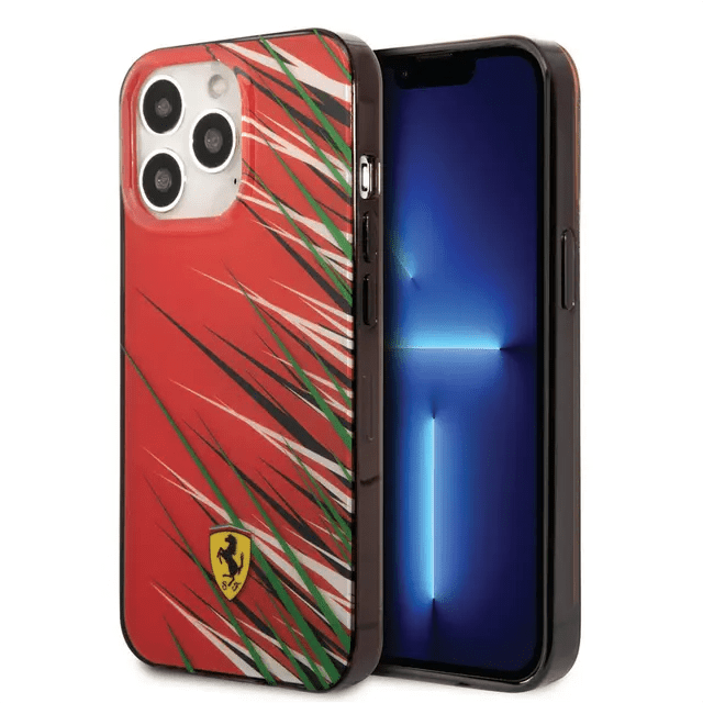 Ferrari iPhone 14 Pro PC/TPU Case with Double Layer Grass Print - Red