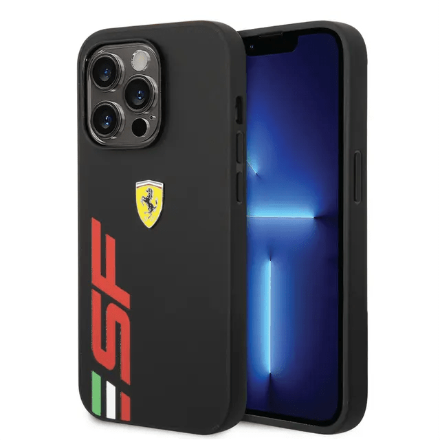 Ferrari iPhone 14 Pro PU Leather Case With Printed Big SF Logo - Black