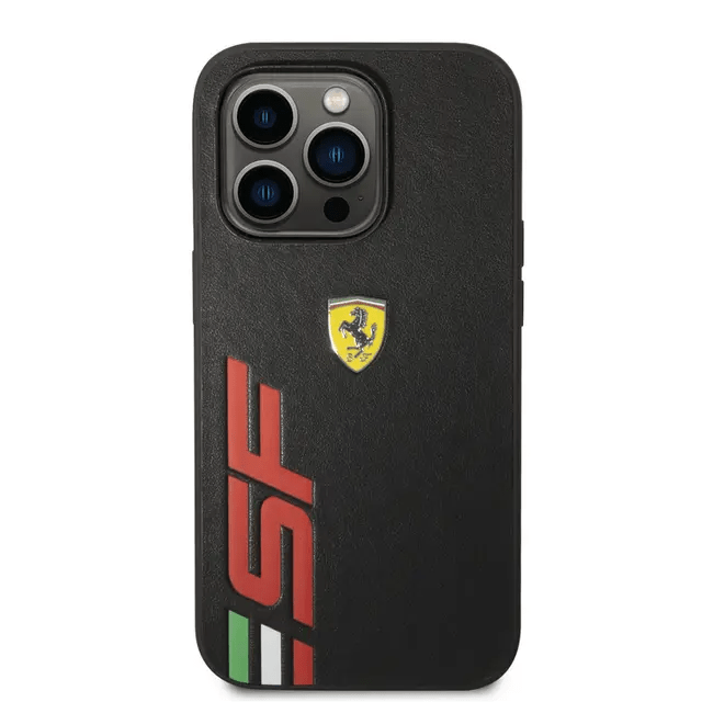 Ferrari iPhone 14 Pro Max PU Leather Case With Printed Big SF Logo - Black