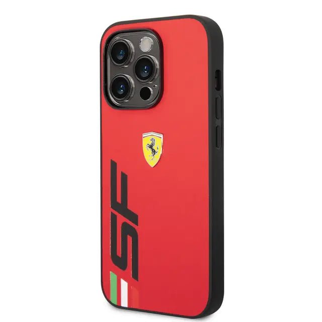 Ferrari iPhone 14 Pro Max PU Leather Case With Printed Big SF Logo - Red