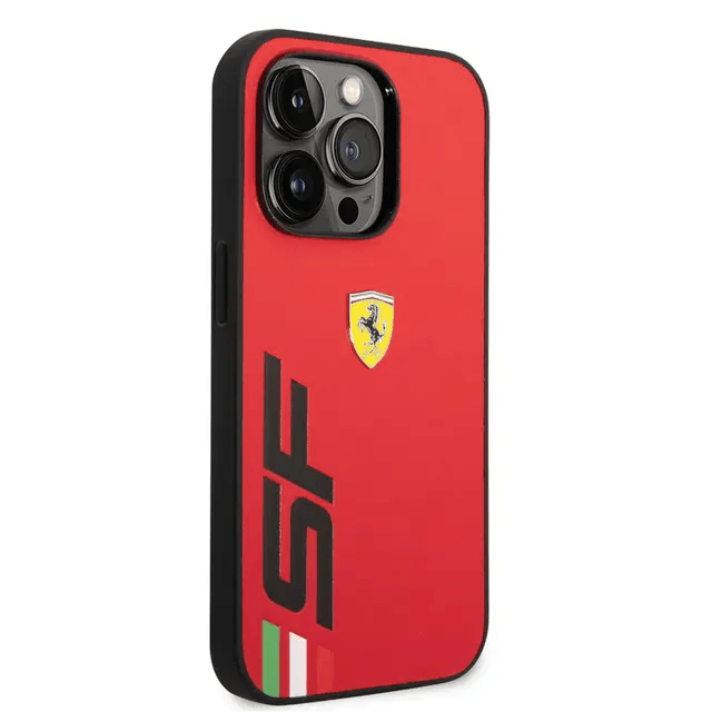 Ferrari iPhone 14 Pro Max PU Leather Case With Printed Big SF Logo - Red