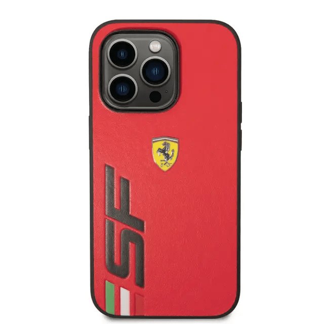 Ferrari iPhone 14 Pro Max PU Leather Case With Printed Big SF Logo - Red