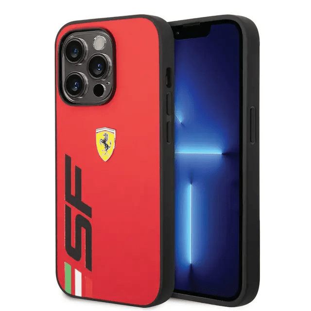 Ferrari iPhone 14 Pro Max PU Leather Case With Printed Big SF Logo - Red