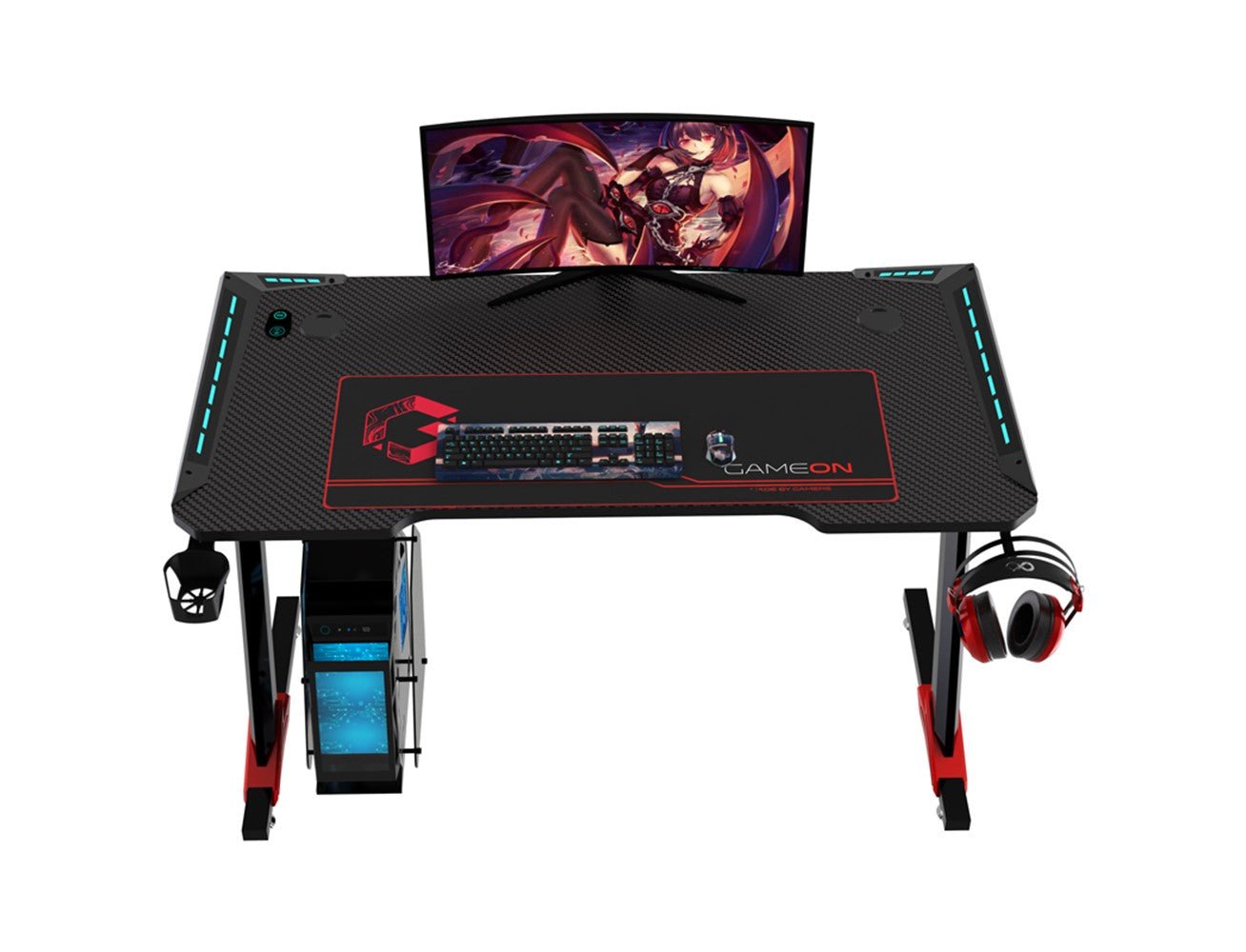 GameOn Raptor II Series Z-Shaped RGB Flowing Light Gaming Desk, Headphone Hook & Cup Holder - Black