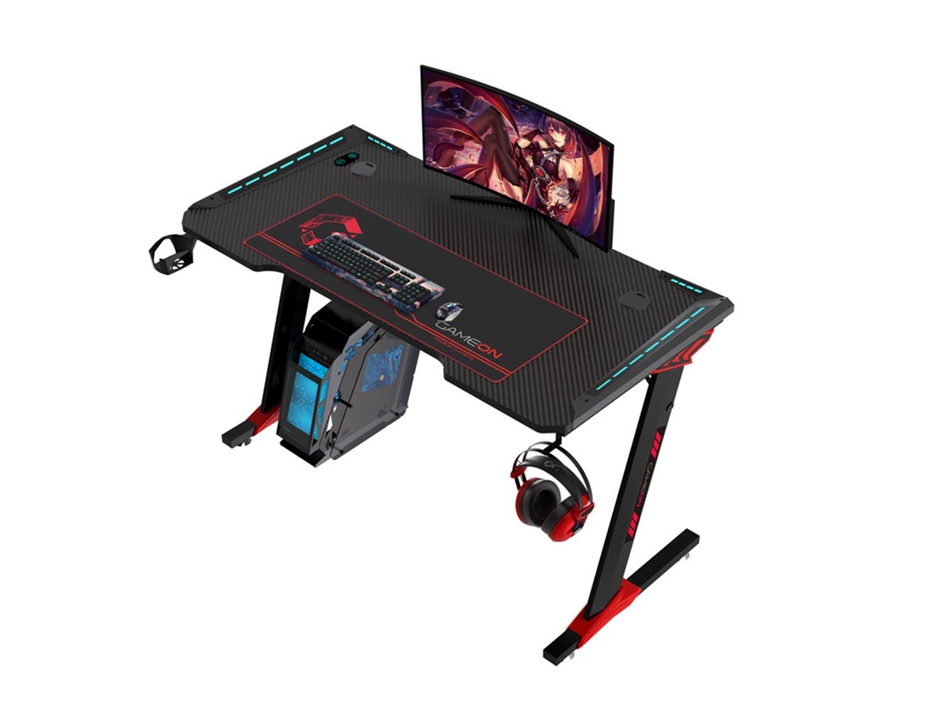 GameOn Raptor II Series Z-Shaped RGB Flowing Light Gaming Desk, Headphone Hook & Cup Holder - Black