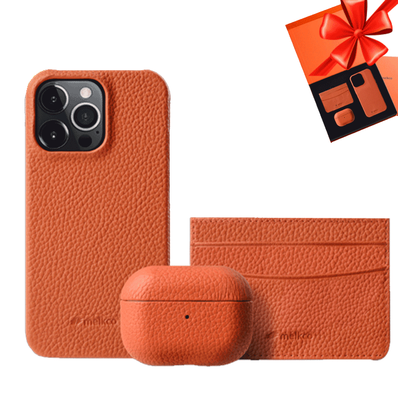 Gift Set Leather Case iPhone 12 Pro- Airpod Pro - Wallet - Orange